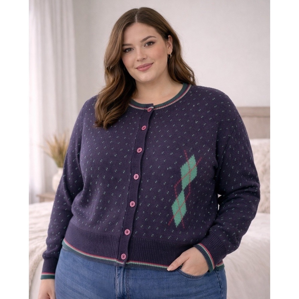 Vtg Winona Knits Sweater Cardigan Womens 2X Blue Green Argyle Knit USA Preppy